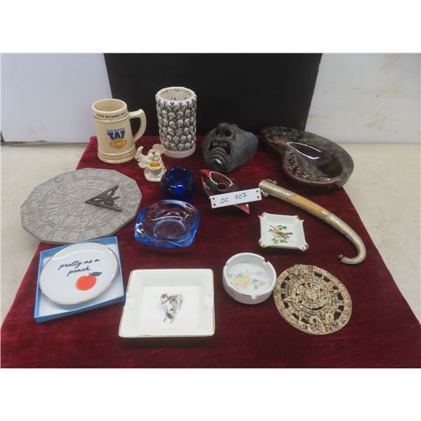 Sun Dial, Candle Holders, Ash Trays, Knife Sheath, and Blue Bomber Mug