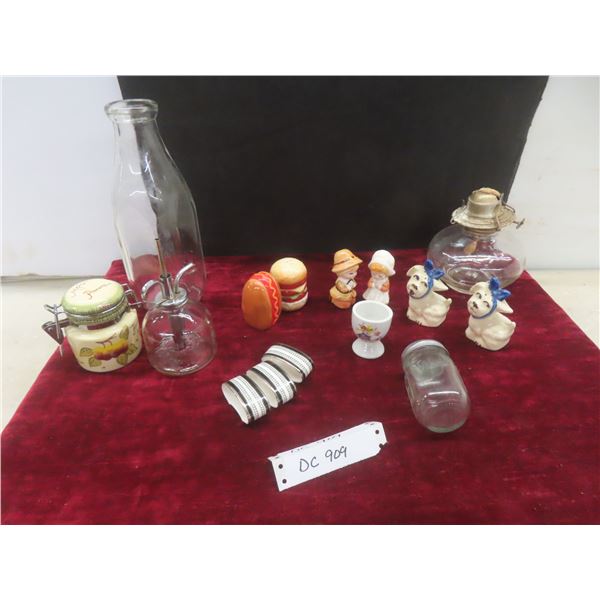 Salt and Pepper Shakers, Vintage Milk Bottle, Coal Oil Lamp (Missing Chimney), and Napkin Rings