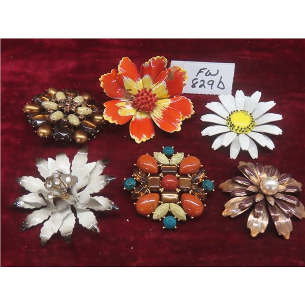 6 Retro Flower Brooches