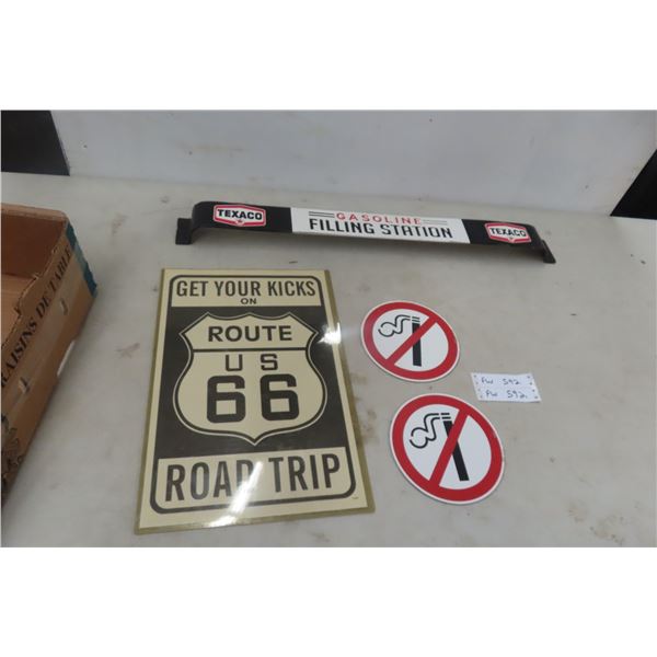 Modern Texaco Metal Embossed Door Bar, Route 66 Paper Sign, and No Smoking
