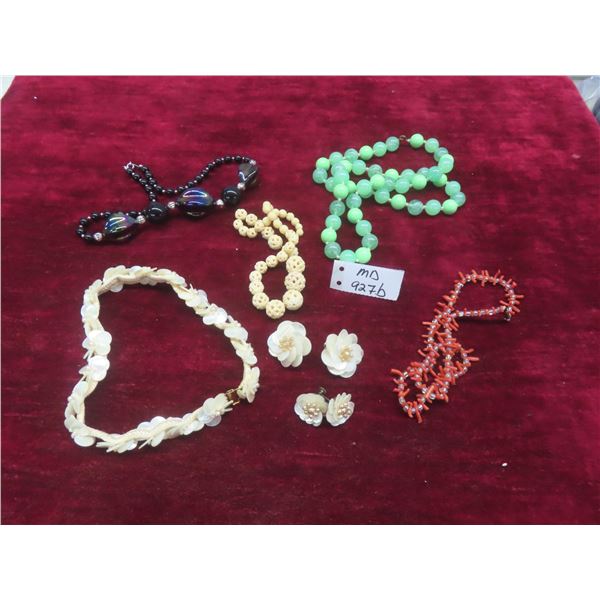 Necklaces – Coral, Bone, Black Iridescent and Green Beads, Shell Necklaces w/ Matching Earrings