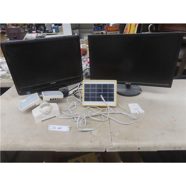 Toshiba 19" TV Receiver w/ Power Cord, Asus 23" Monitor (No Power Cord), and Solar Light
