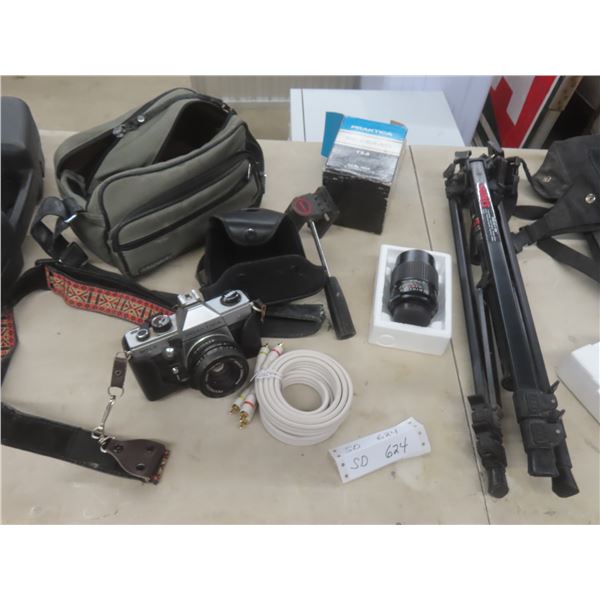 Praktica 35mm Camera, Lens, Tripod, and Carry Bag