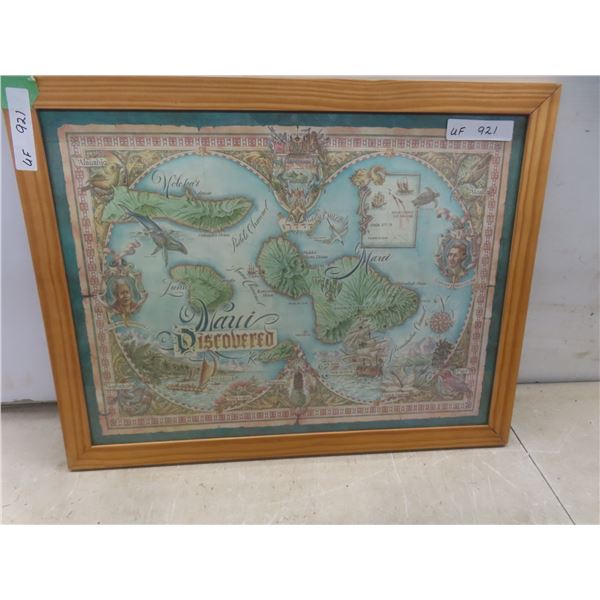 Framed "Maui Discovered" Vintage Coloured Cartographic Map of the Hawaiian Islands – 21" x 27"