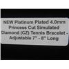 Image 7 : New Platinum Plated 4.0mm Princess Cut Simulated Diamond (C2) Tennis Bracelet — 7–8" Adjustable