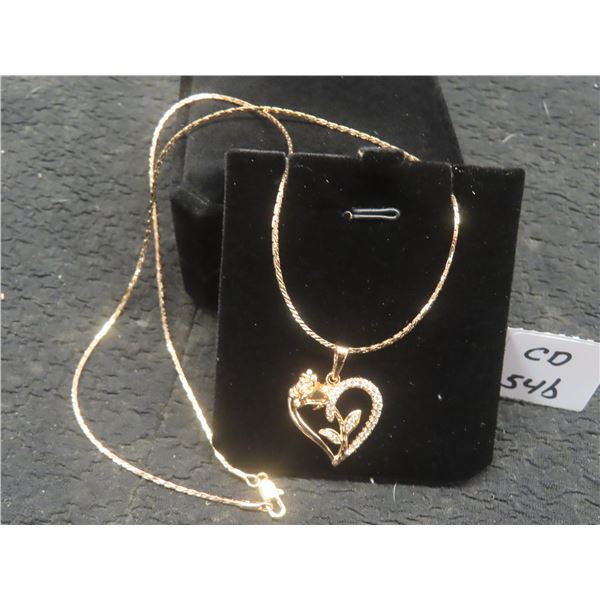 New 18K Gold Plated 26.0mm Simulated Diamond (C2) Rose Heart Necklace — 19.5" Long
