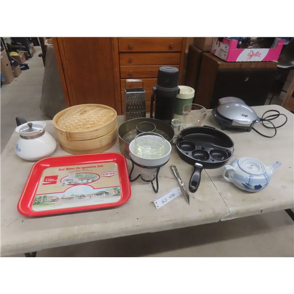 Corningware Teapot, Thermos, Egg Poacher, Pyrex Measure Cup, Coke Tray, and More
