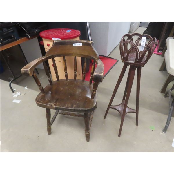 Wood Barrel-Back Style Chair and Bent Willow Style Plant Stand