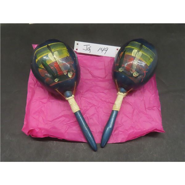 Vintage Wooden Mexican Maracas Shakers — Pair