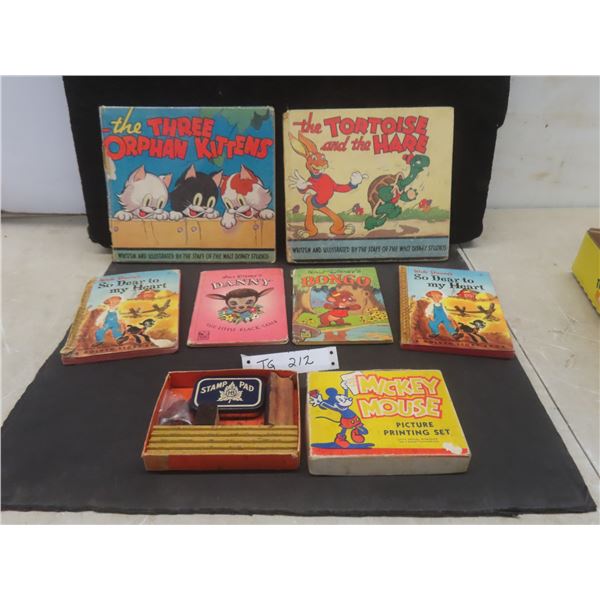 Vintage Mickey Mouse Picture Printing Set and Six Old Walt Disney Books