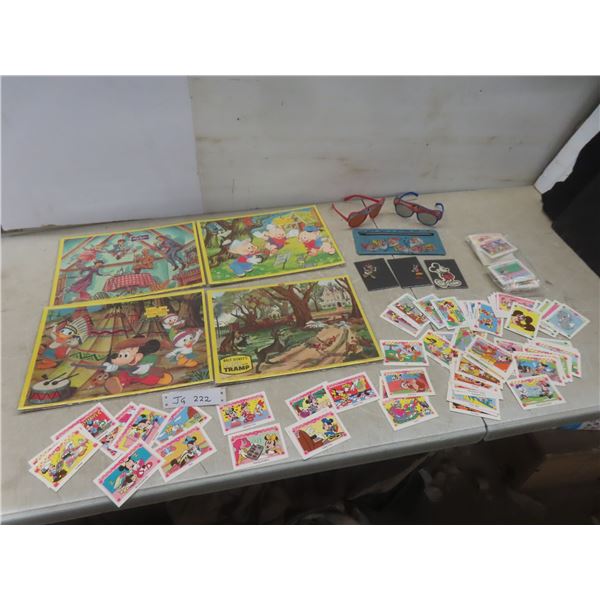 Box of Vintage Walt Disney Items — 4 Puzzles, Minnie and Me Card Set (1–160), and Sunglasses