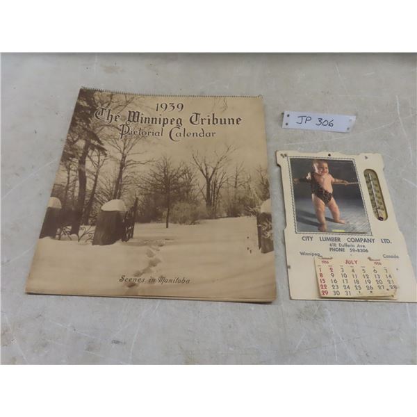 1939 Winnipeg Tribune Pictorial Calendar and City Lumber Co. 1956 Calendar with Thermometer