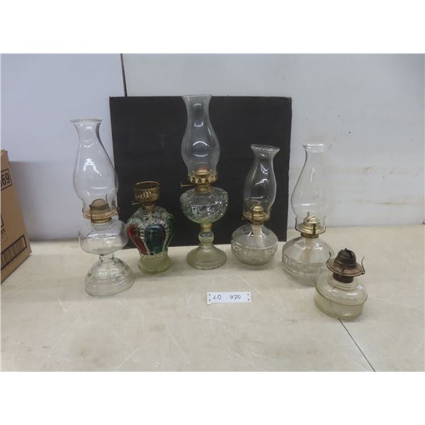 Coal Oil Lamps and Chimneys — 6 Lamps, 4 Chimneys — Tallest 18½"