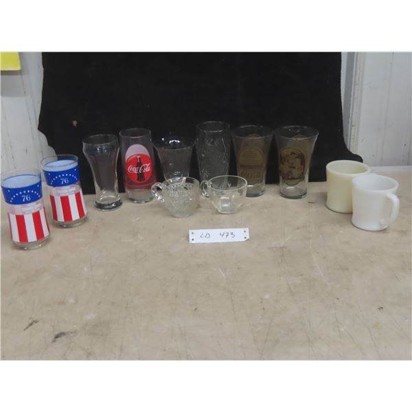 8 Drinking Glasses and Coffee Mugs — Coca-Cola, Pepsi, Sahara Tahoe Casino, and Fire King Mugs