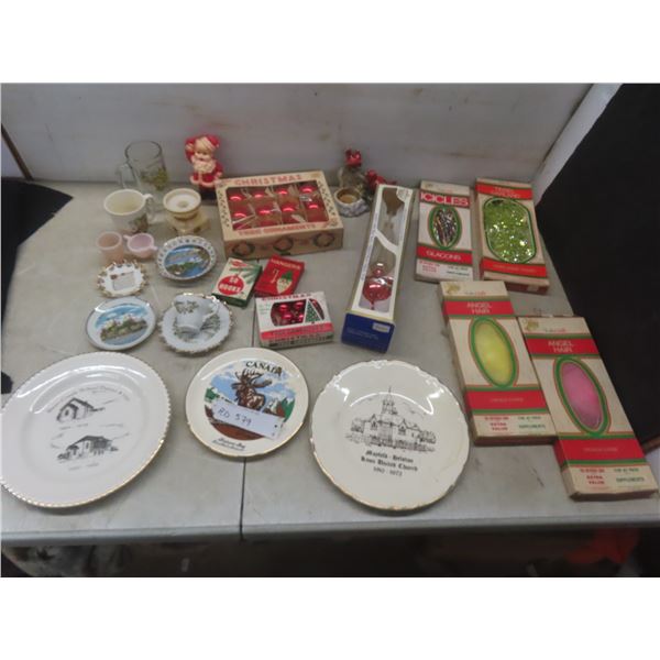 Vintage Christmas Decorations — Icicles, Tinsel, Angel, Bulbs, Hooks, Candle Holder — Plus Plates