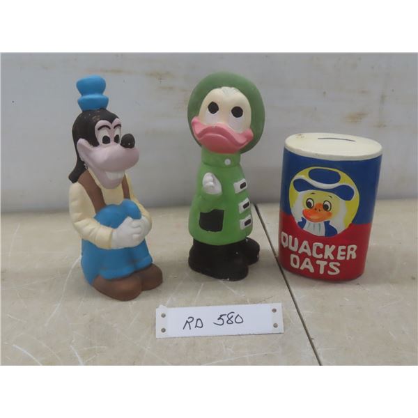 3 Vintage Coin Banks — Quaker Oats Company, Sitting Goofy, and Donald Duck — Tallest 8"