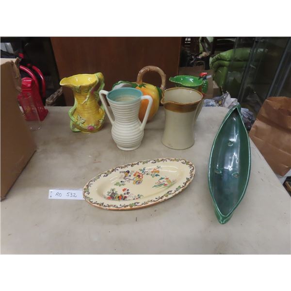 China Pitchers, Vase, Mason's Platter, Boat-Shaped Dish, and More