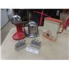 Image 1 : 2 Vintage Juicers — Juice-King and Juice-O-Matic — Tin Flour Dispenser and Pewter Horse Bookends