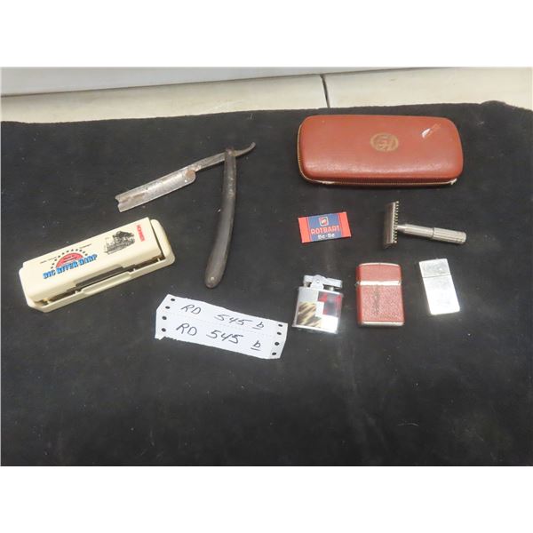 Vintage Straight Razor, Lighters, Big River Harp Harmonica, and More