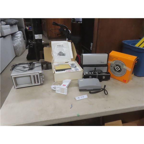 Sawyer's Rotomatic Slide Projector, Kodak Carousel, Portable GE AM/FM/TV with Power Cord, and More