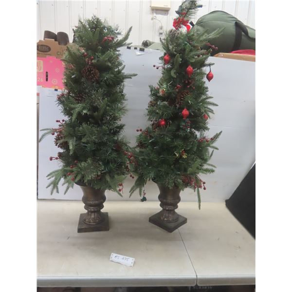 2 Christmas Trees in Pots with Lights — 43" Tall (1 Pot has Damage)