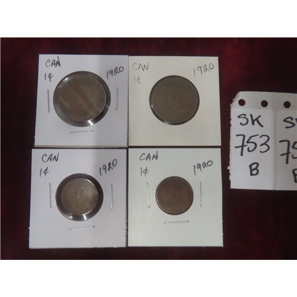 4 1920 Canadian 1¢ Coins — (2) Small and (2) Large