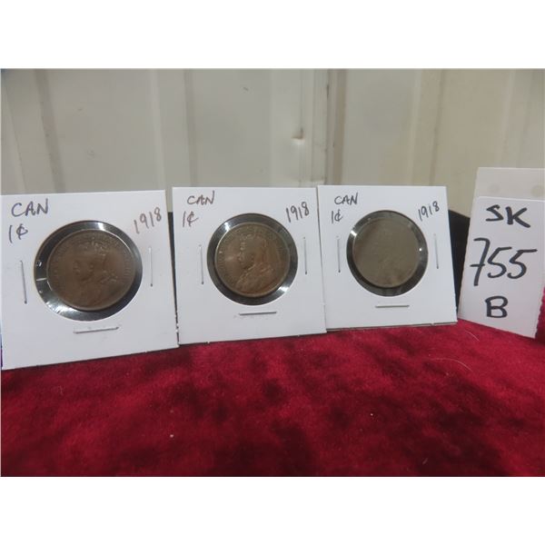 3 1918 Canadian Large 1¢ Coins