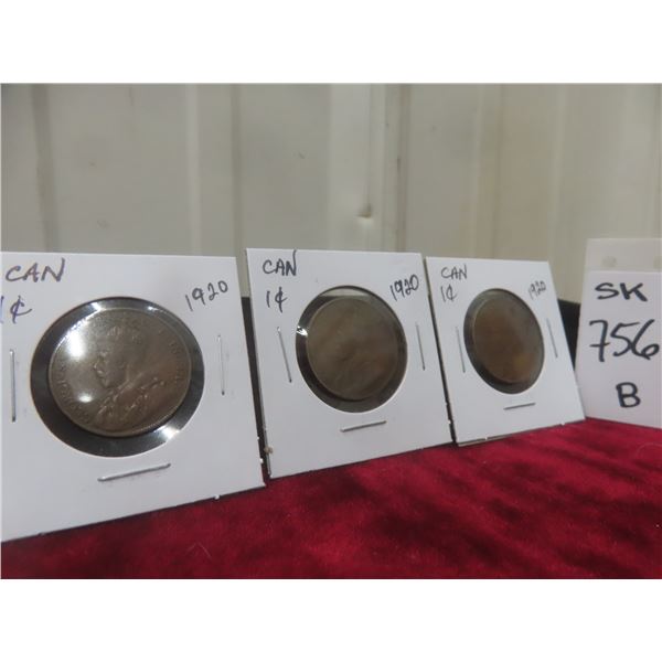 3 1920 Canadian Large 1¢ Coins