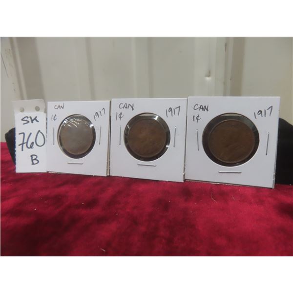 3 1917 Canadian Large 1¢ Coins