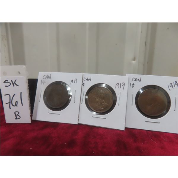 3 1919 Canadian Large 1¢ Coins
