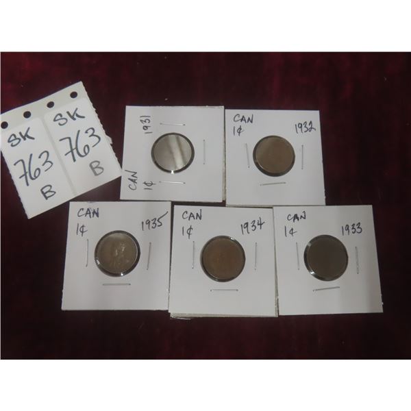 5 Canadian 1¢ Coins 1931–1935