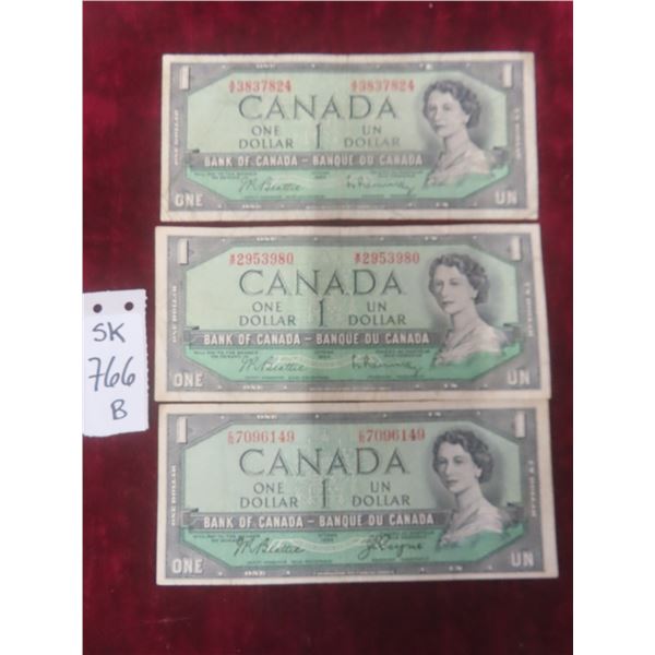 3 1954 Canadian $1 Bills
