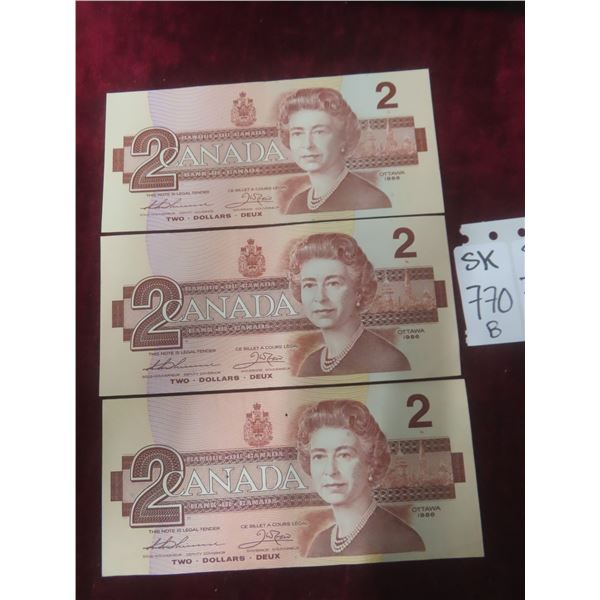 3 1986 Canadian $2 Bills, Crisp