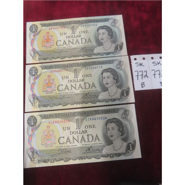 3 1973 Canadian $1 Bills, Uncirculated