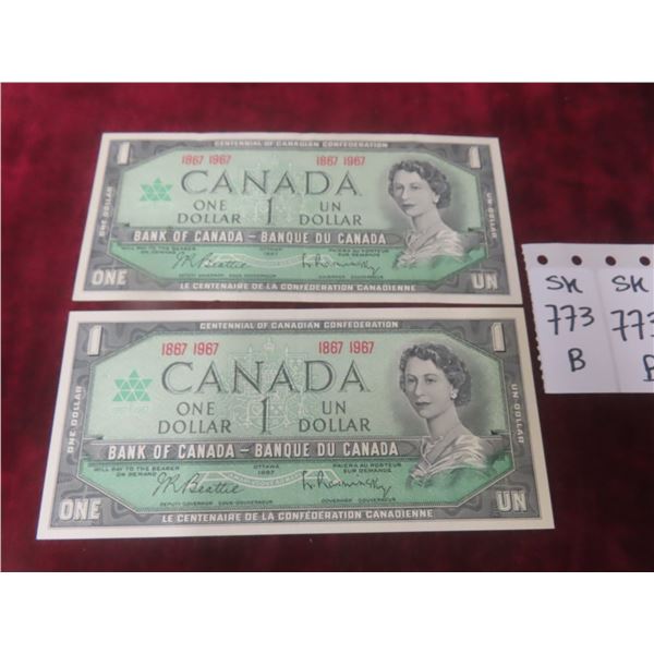 2 1967 Canadian $1 Bills, Crisp