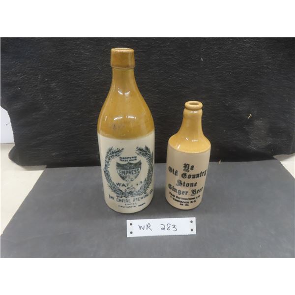 2 Antique Stoneware Bottles — The Empire Brewing Co. and Ye Old Country Store Ginger Beer