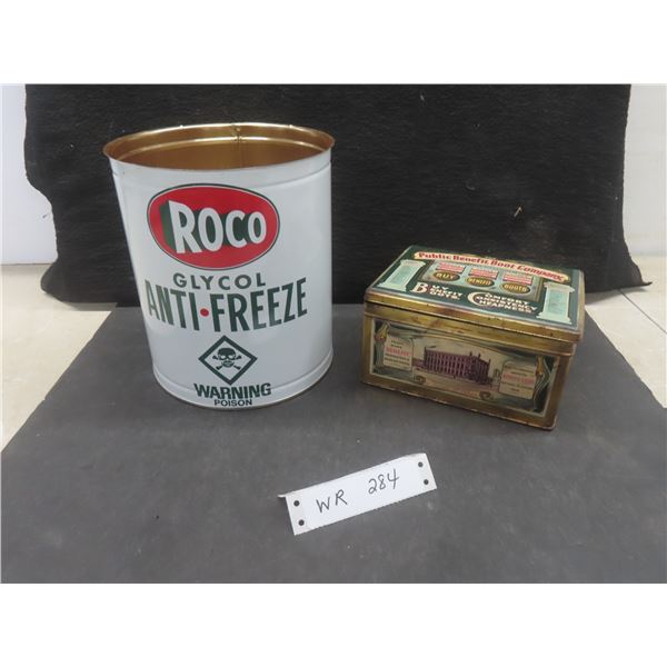 2 Metal Tins — Roco Anti-Freeze and Public Benefit Boot Company