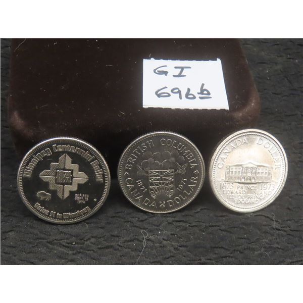 3 Canadian $1.00 Coins: BC 1971, PEI 1873–1973 and Winnipeg Centennial 1874–1974