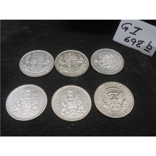 5 Canadian 50-Cent Coins (1946, 1951, 1963, 1964) and USA 50-Cent Piece (1971)