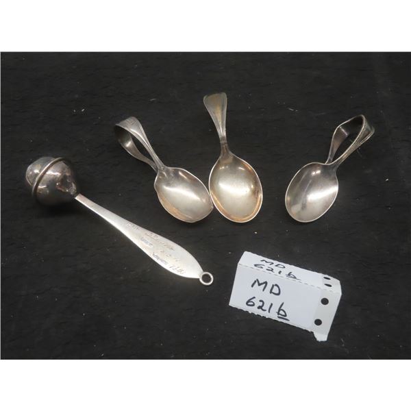 3 Silver-Plated Baby Spoons, Birks Sterling Rattle and Small Salt Shaker with Damage