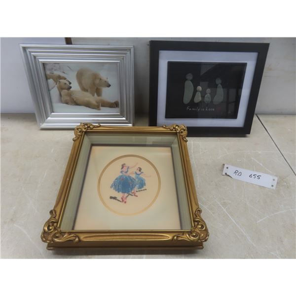 Framed Needlepoint (10×10") and 2 Framed Pictures (8½×10¼")