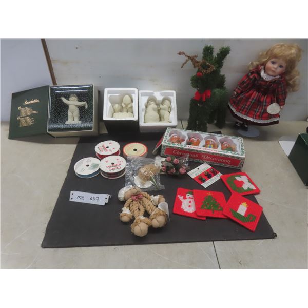 3 Snow Babies, Christmas Décor: Reindeer Ribbon, Coasters, Festive Bears and Porcelain 13" Doll