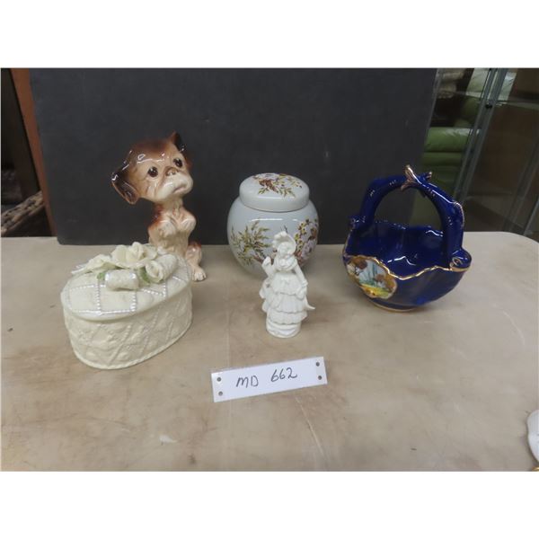 Shelf Décor: Ceramic Puppy, Decorative Basket, Figurines and 2 Covered Trinket Containers