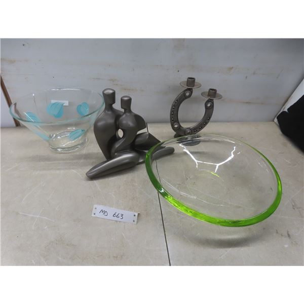 Sitting Couple by Austin, 9" High; Lucky Horseshoe Candle Holder and 2 Glass Serving Bowls