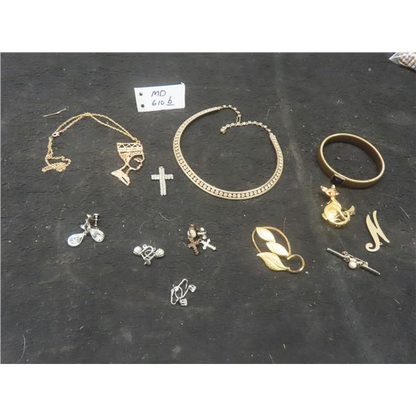 Fashion Jewelry: Egyptian Revival Pendant, Gold-Tone Brooches, Bracelet, Vintage Clip-On Earrings