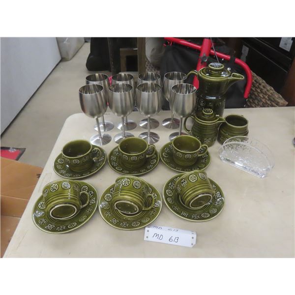Olive Green Coffee Pot with 6 Cups, Saucers, Sugar Bowl, Creamer; 8 Stainless Mugs and Wine Goblets