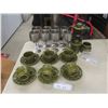 Image 1 : Olive Green Coffee Pot with 6 Cups, Saucers, Sugar Bowl, Creamer; 8 Stainless Mugs and Wine Goblets