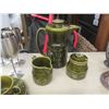 Image 2 : Olive Green Coffee Pot with 6 Cups, Saucers, Sugar Bowl, Creamer; 8 Stainless Mugs and Wine Goblets