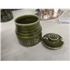 Image 4 : Olive Green Coffee Pot with 6 Cups, Saucers, Sugar Bowl, Creamer; 8 Stainless Mugs and Wine Goblets