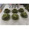 Image 6 : Olive Green Coffee Pot with 6 Cups, Saucers, Sugar Bowl, Creamer; 8 Stainless Mugs and Wine Goblets
